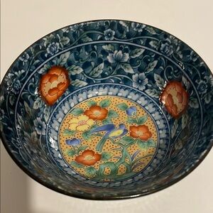 Floral Ceramic Bowl - Blue and Orange, Japanese Arita Rice Bowl